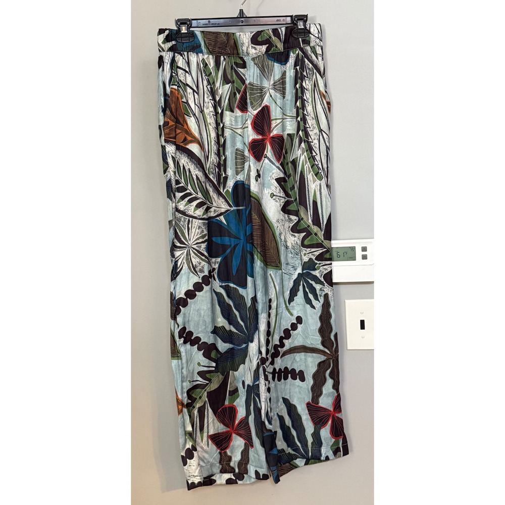 T Tahari Women's Pants M/M Wide Leg Etched Floral Print Elastic‎ Waist